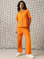 Hubberholme Women Cotton Solid Oversized Fit High-Rise Collar Half Sleeves Co-Ord