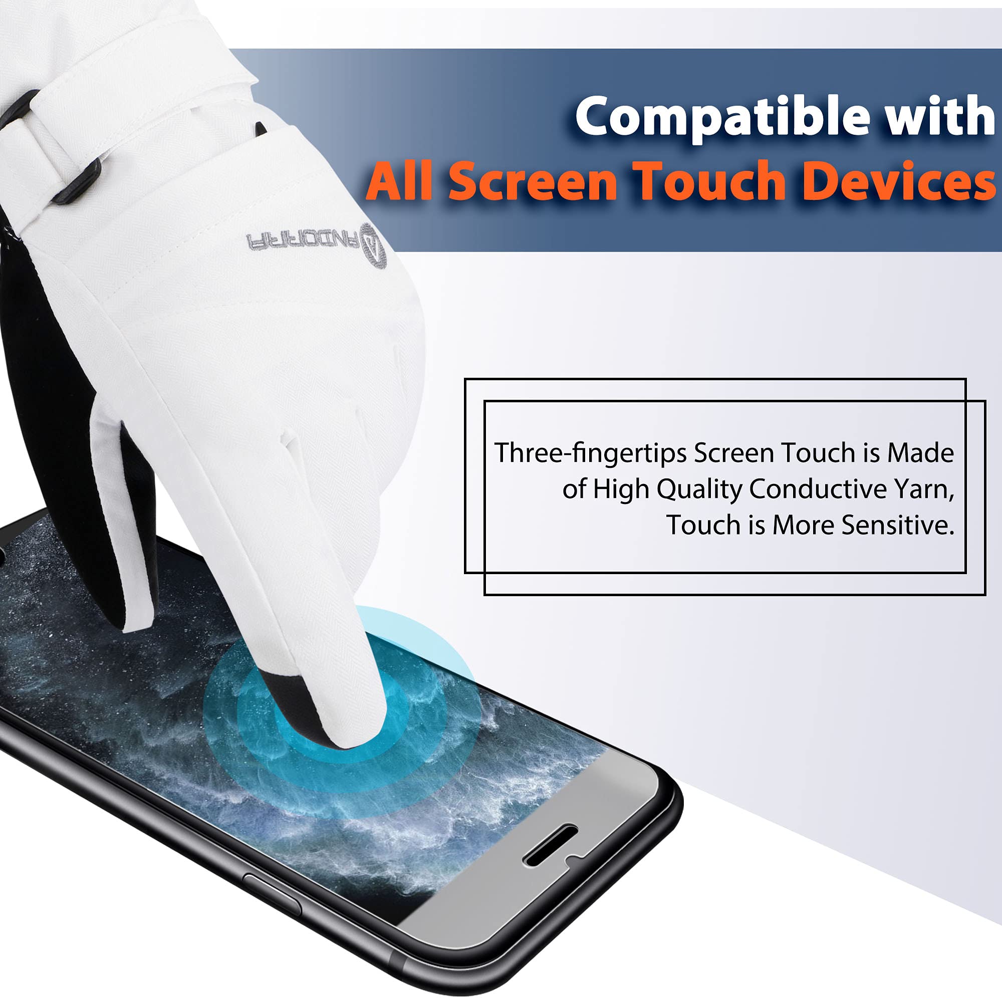 Andorra Snow Gloves Women Touchscreen Zipper Pocket Ski Gloves, White, S