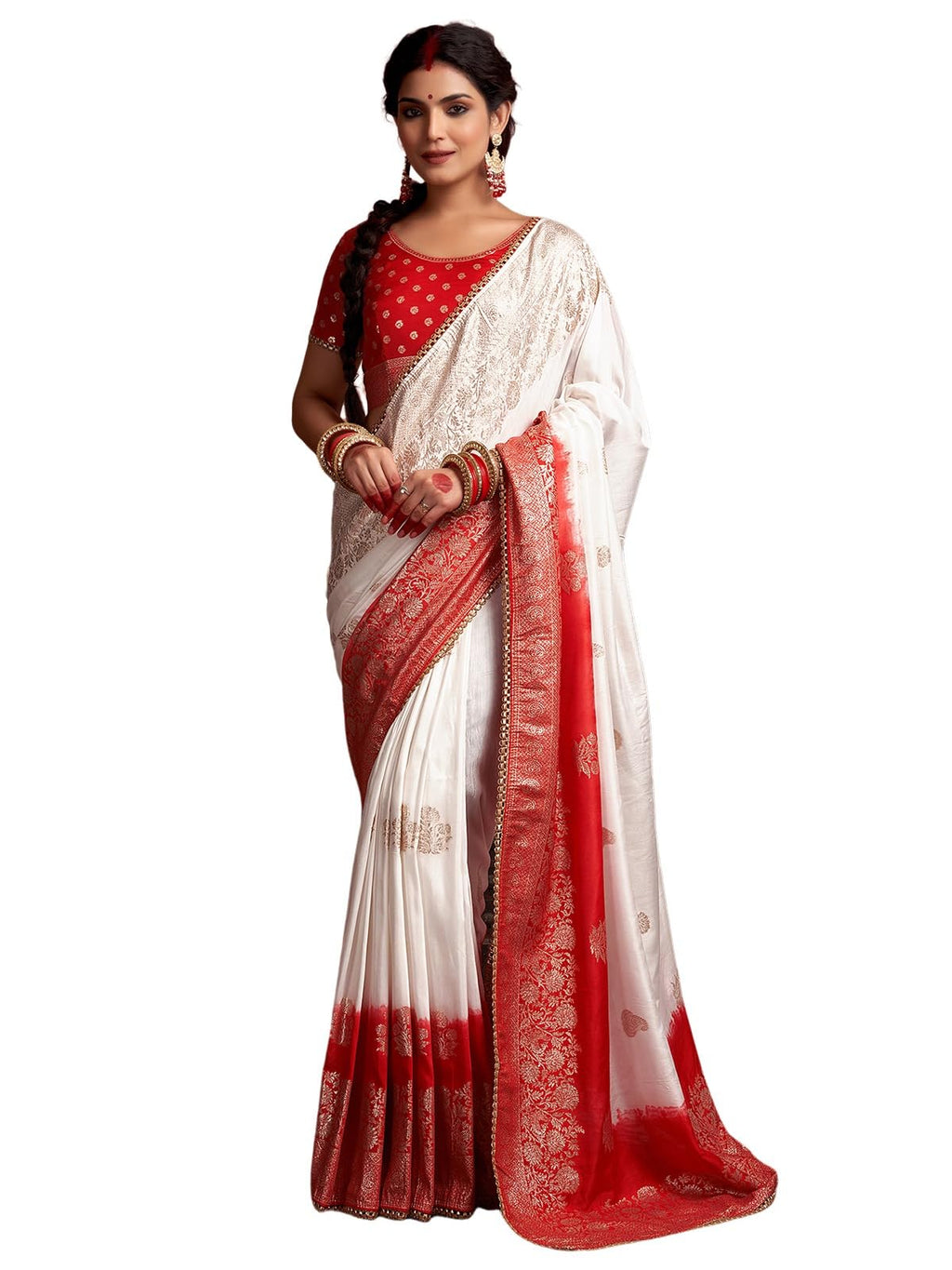 Satrani WomenS Navratri Special Cotton Silk Banarasi Jacquard Durga Puja Special Bengali Saree With Unstitched Blouse Piece (38