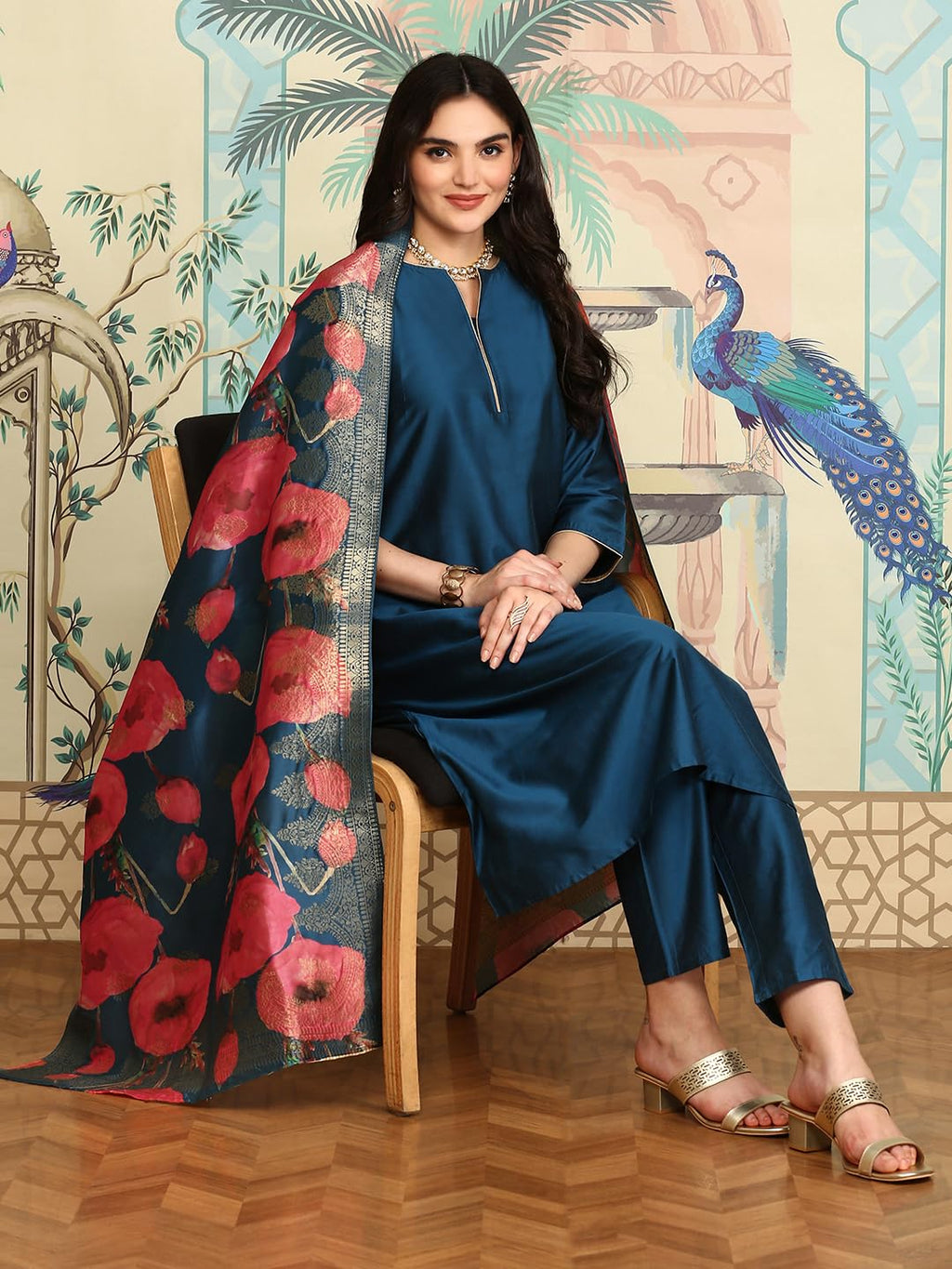 Ishin Navy Blue Notched Neck A-Line Kurta With Trousers & Dupatta | Kurta Set For Women | Kurta With Trousers And Dupatta