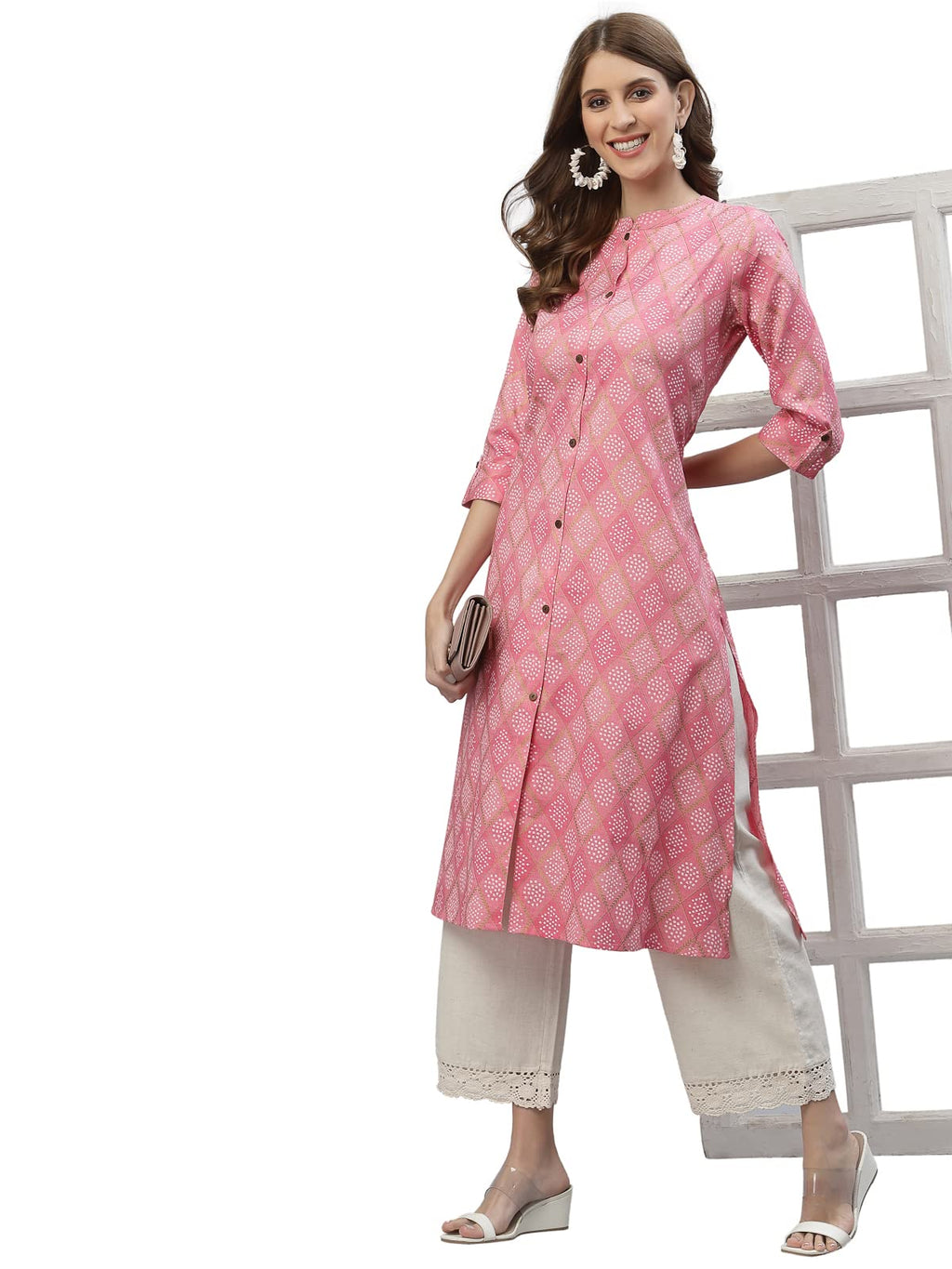 Stylum Women'S Bandhani Printed Cotton Blend Straight Kurta (Kesarpink38_Pink, M)