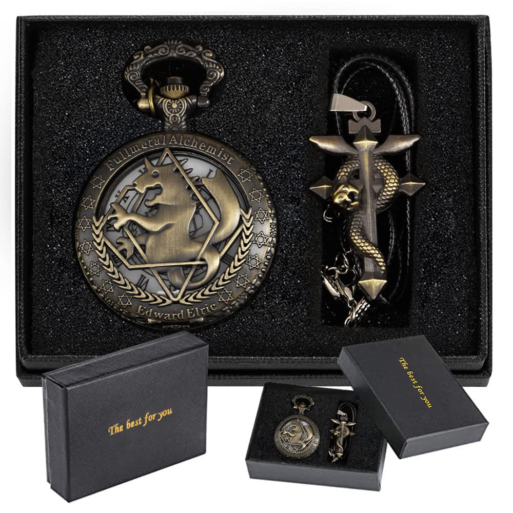 Tiong Fullmetal Alchemist Anime Pocket Watch with Chain for Cosplay Pendant Accessories with Gifts Box(Bronze White)