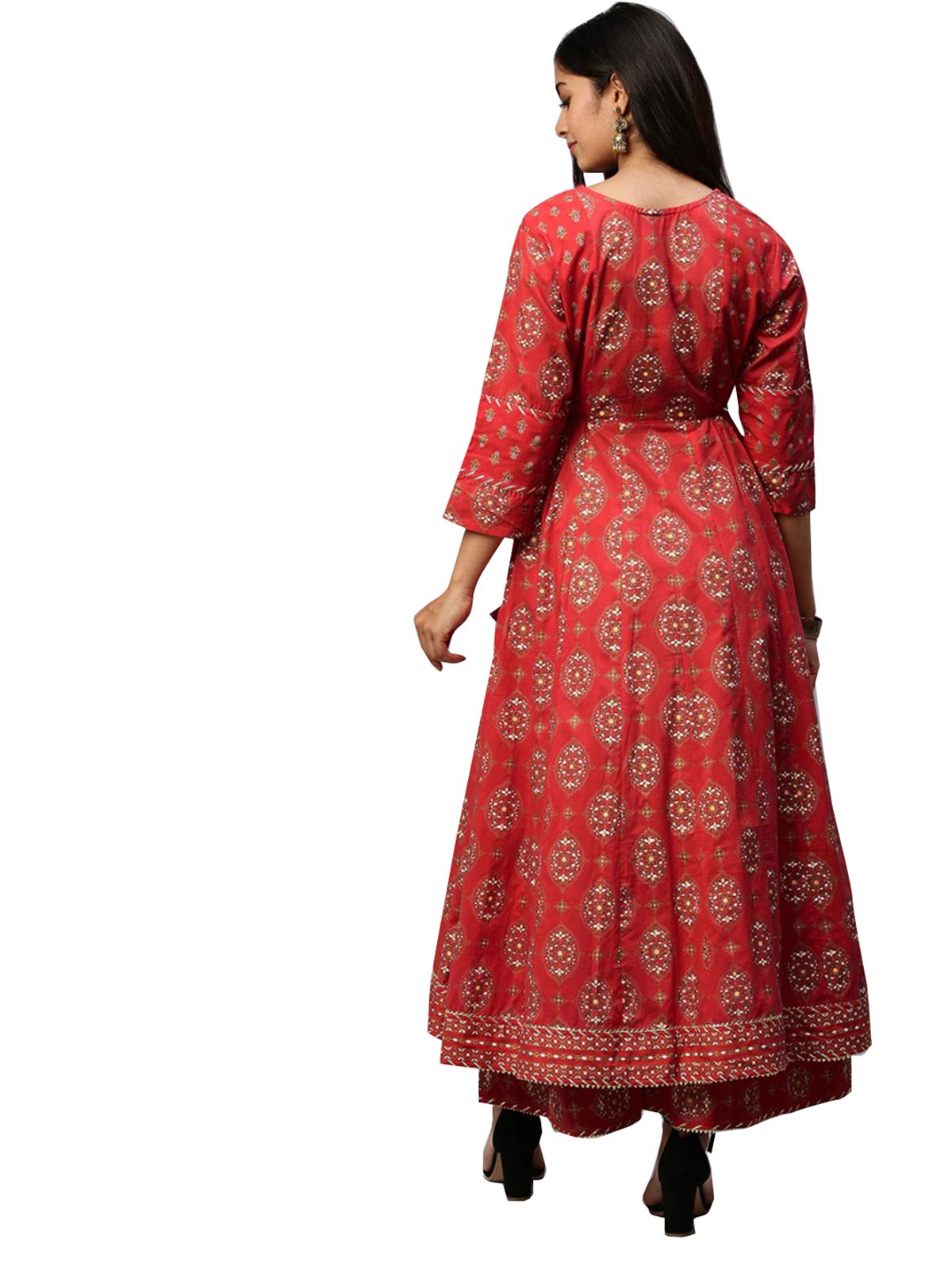 Ishin Women'S Pure Cotton Anarkali Printed Gotta Patti Floral Print Red Kurta Suit Set With Palazzo Kplpramffaw-991_S_Red