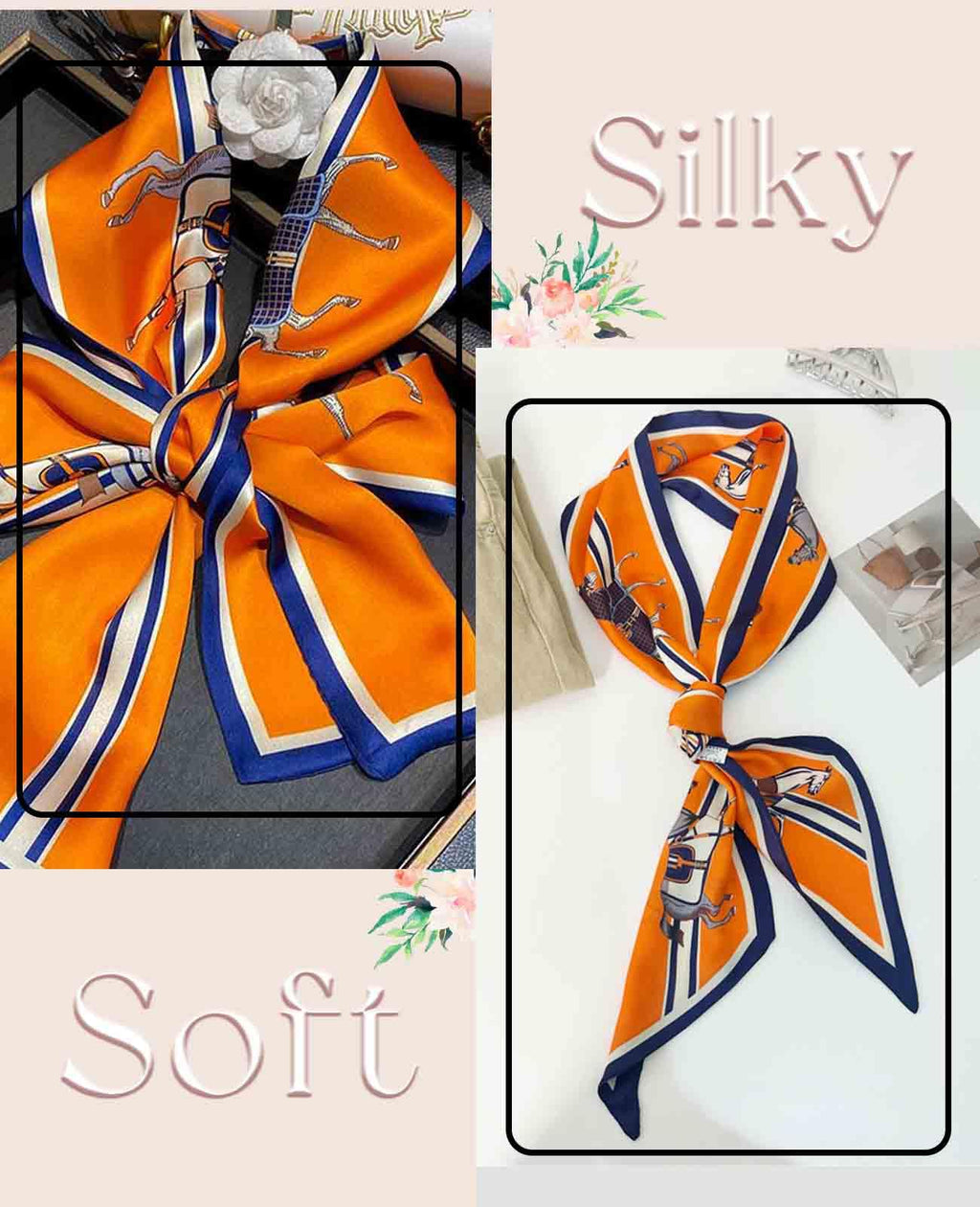 Clysoru Silk Neck Scarf Printed Scarves Head Women'S Fashion Oblique Angle Satin Scarfs For Bag Hair 59    X 5.9    (Orange blue