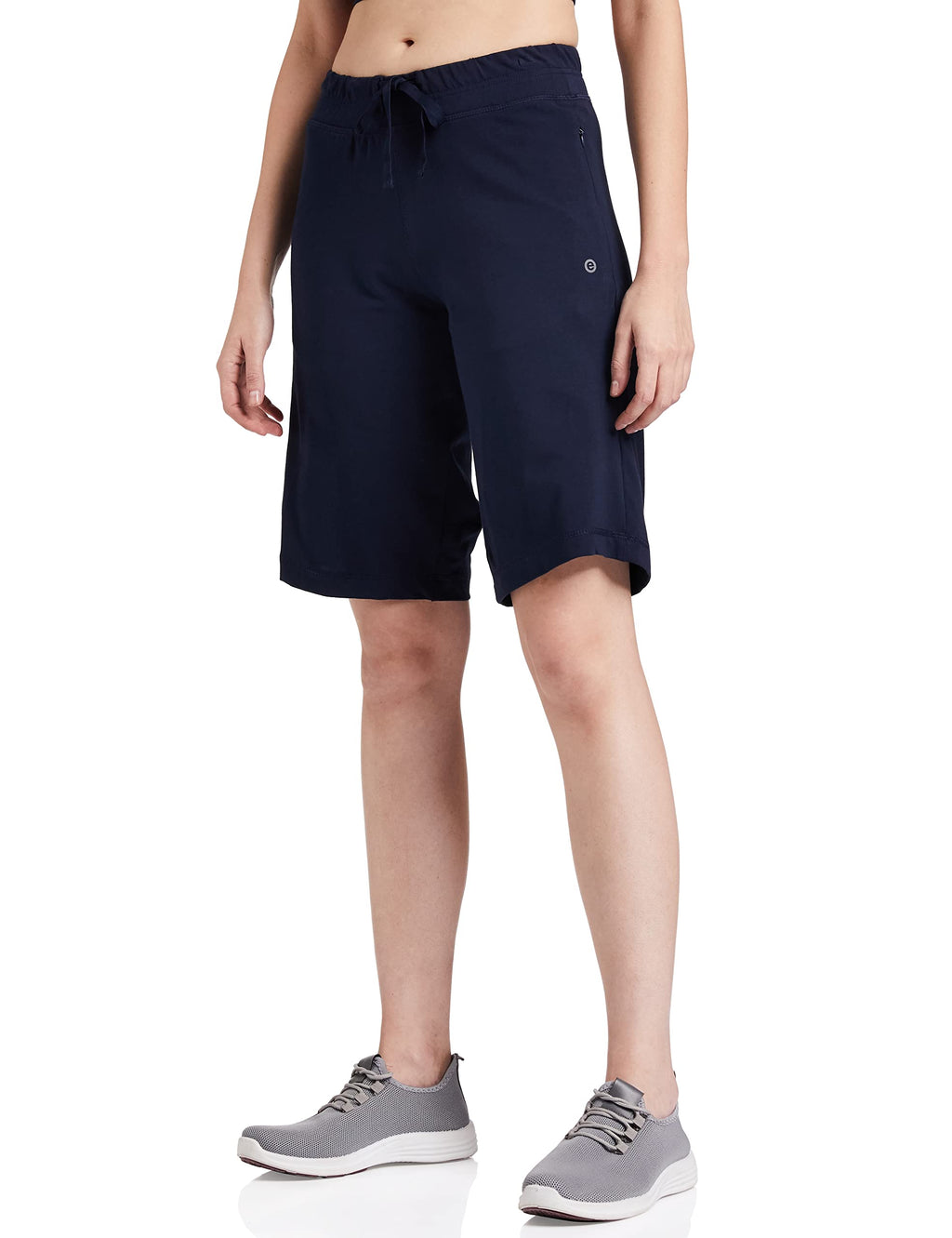 Enamor Essentials Womens Mid Rise Slim Fit Breathable Stretch Cotton Knee Length City Shorts with Invisible Zipper Pockets- E044