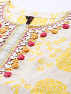 Ishin Women'S Yellow Yoke Design A-Line Kurta Set With Trouser And Dupatta