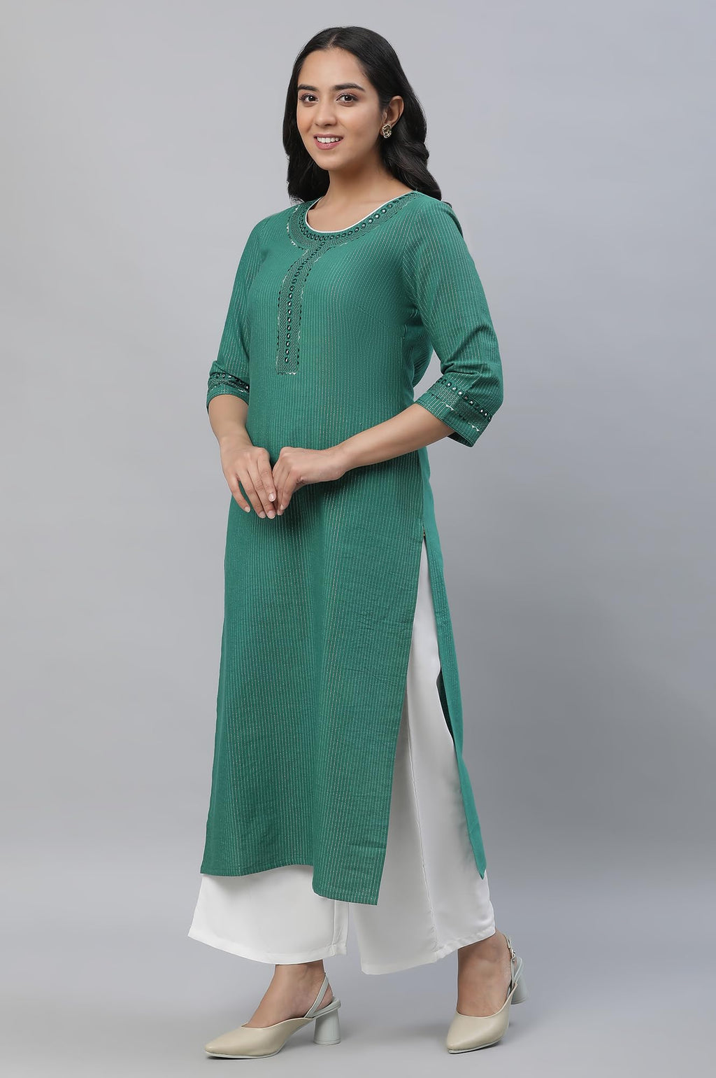 Aurelia Green Thread Embroidered Cotton Striped Regular Kurta For Women
