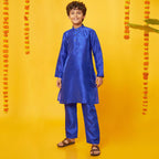 Bon Organik Royal Blue Silk Kurta With Pajama Set For Boy