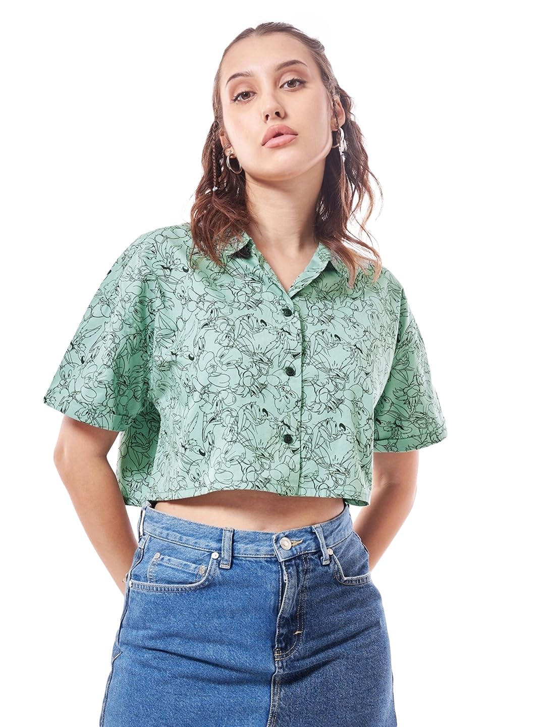 Bewakoof Official Looney Tunes Merchandise Womens All Over Printed Oversized Fit Half Sleeve Collared Cotton Crop Shirt_628170_