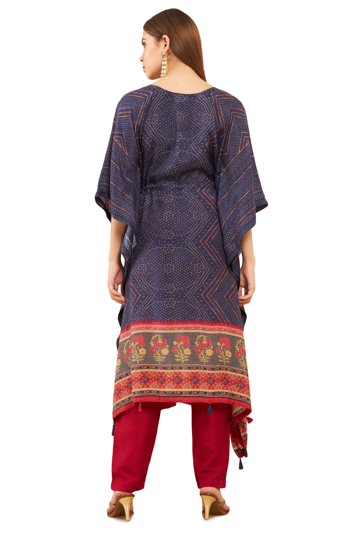 Navy Blue Muslin Printed Kaftan Suit