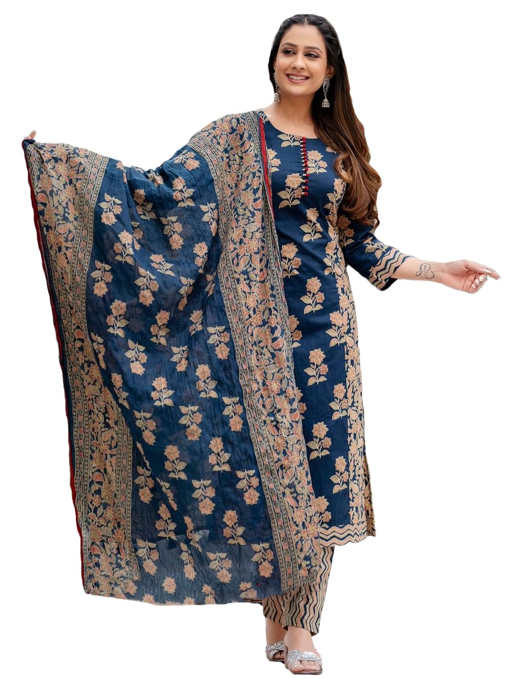 ANNI DESIGNER Womens Rayon Blend Straight Printed Kurta with Pant & Dupatta (Alaya Navy Blue_M_Navy Blue_Medium)