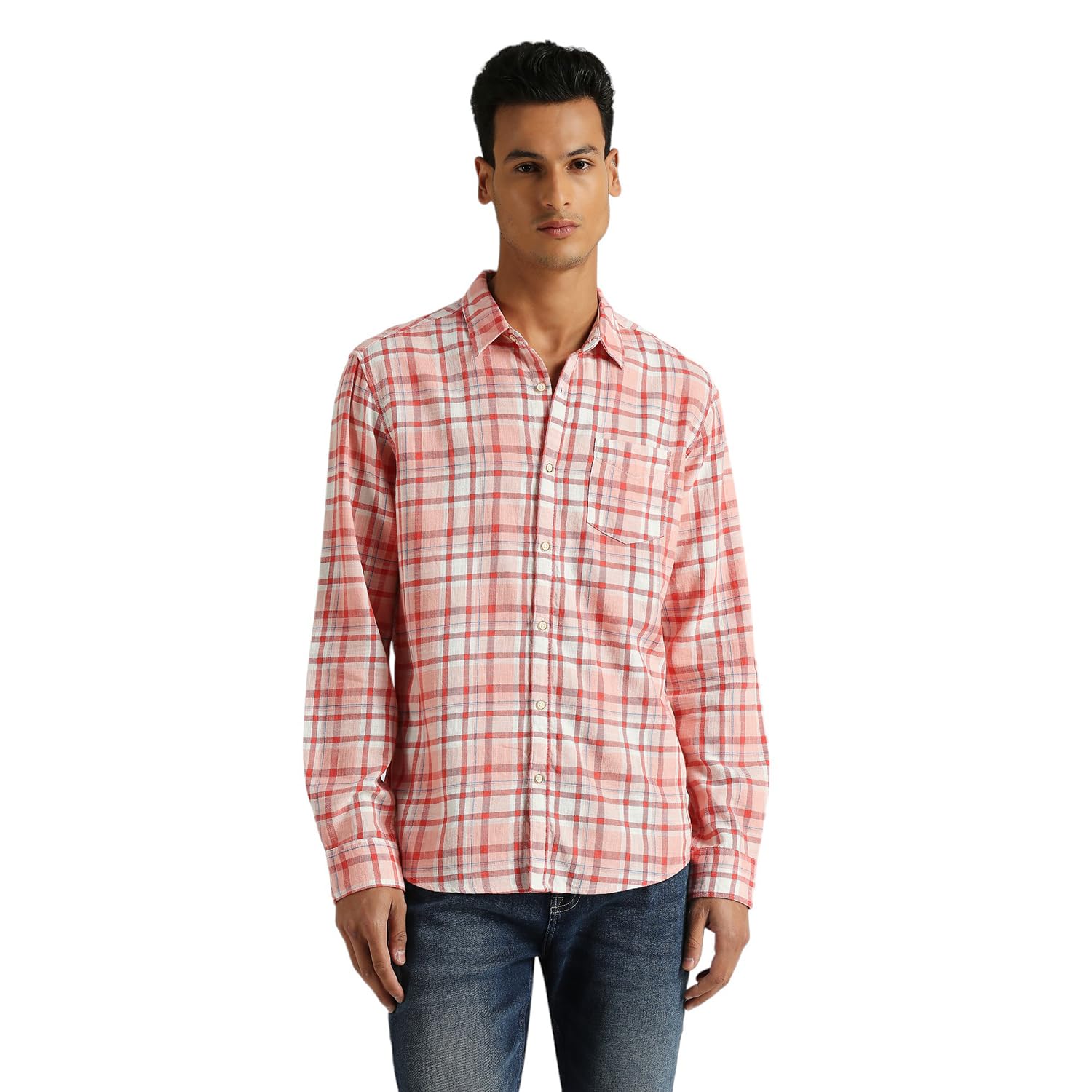 Pepe Jeans MenS Checkered Regular Fit Shirt (Pm308684_Peach Orange_Red