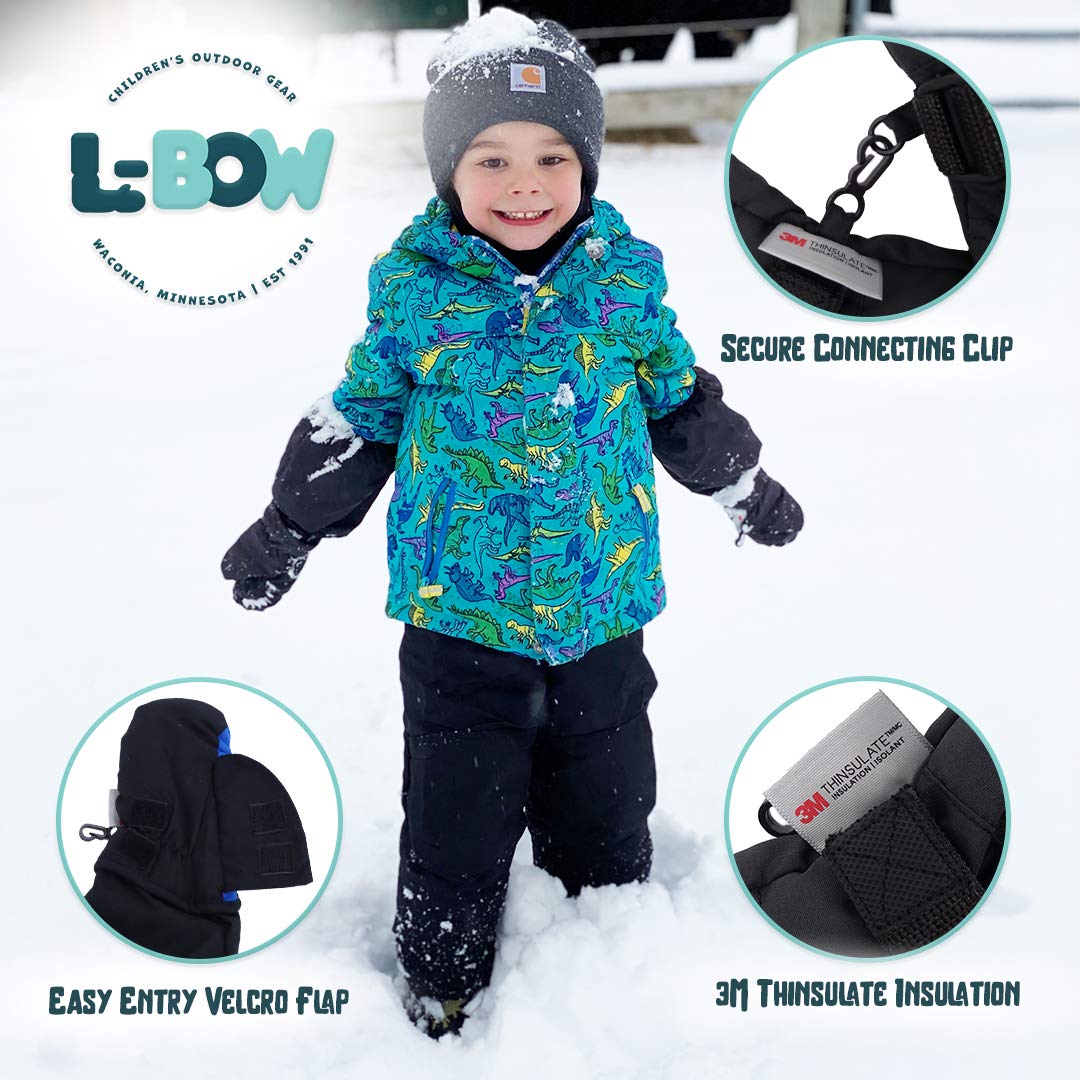 L-Bow Kids Mittens + Super Soft Easy Entry Style for Kids Mittens + Waterproof Stay On Design + Cold Weather 3M Thinsulate Mater