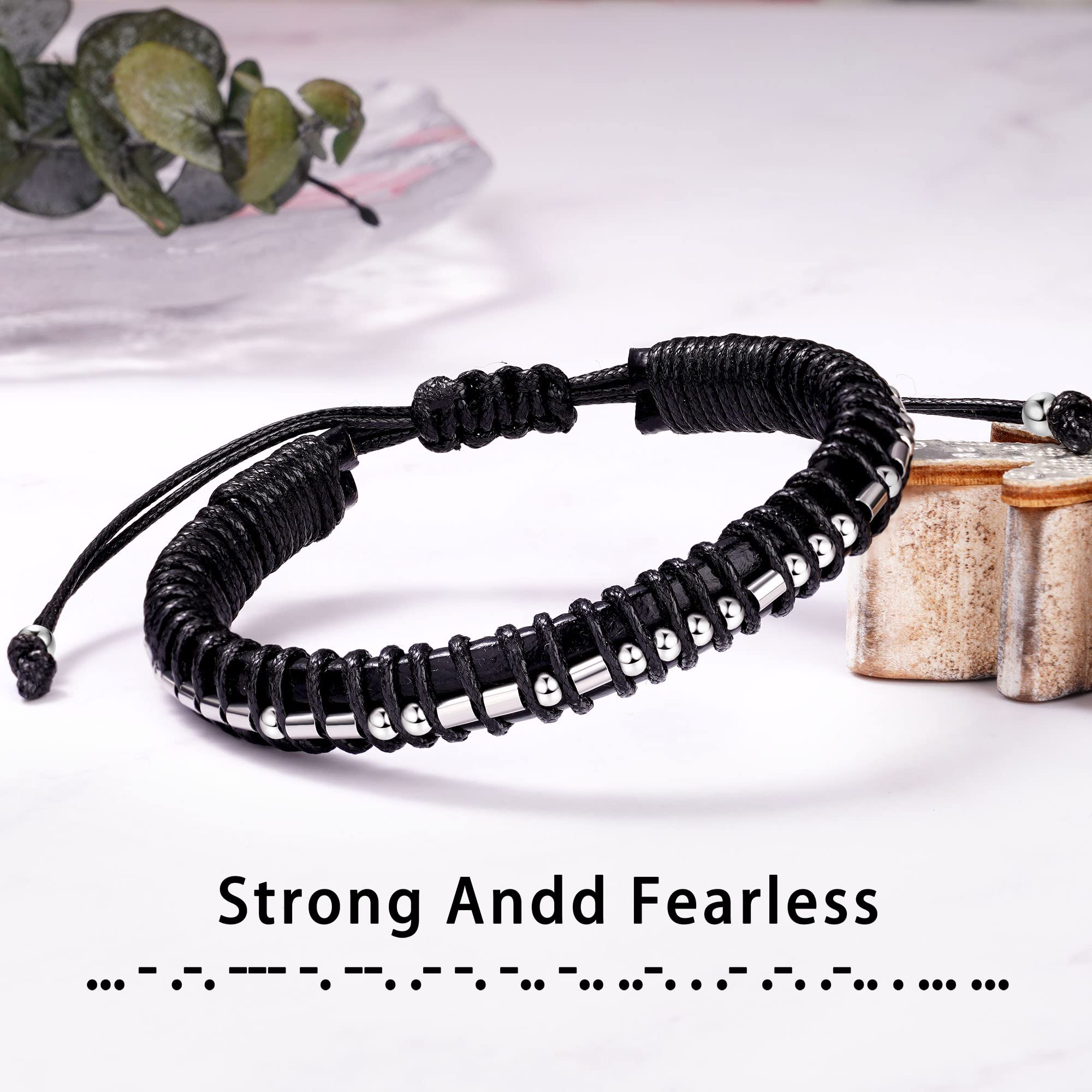Inspirational Bracelets for Men Morse Code Jewelry Motivational Adjustable Leather Bracelet Boyfriend Husband Son Classmates Chr