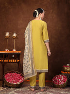 Stylum WomenS Mustard Solid & Embroidered Silk Straight Kurta Pant Dupatta Set
