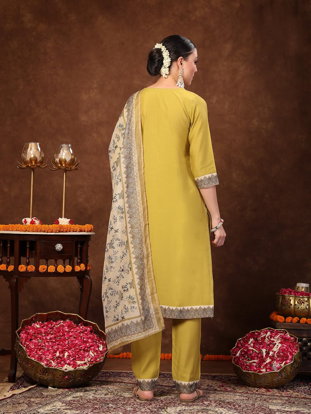 Stylum WomenS Mustard Solid & Embroidered Silk Straight Kurta Pant Dupatta Set