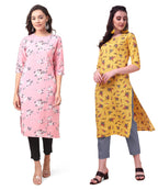 Lookmark Women'S Crepe Pink & Yellow Color 3/4 Sleeve Straight Printed Kurta | Kurti Combo Pack Of 2 (Az-K1037-K1100-L)