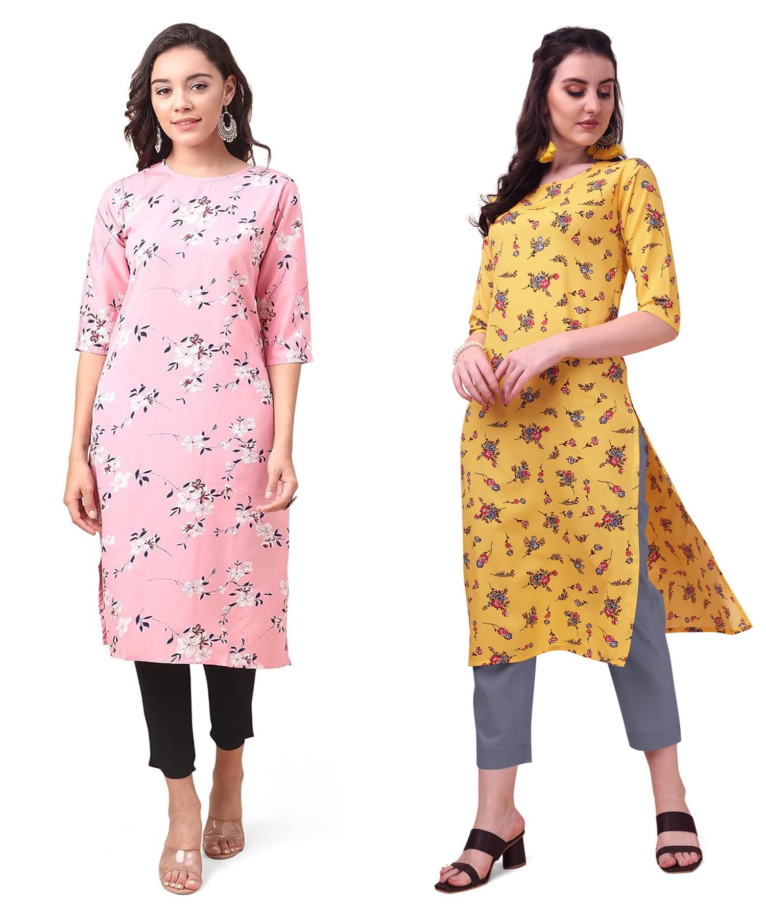 Lookmark Women'S Crepe Pink & Yellow Color 3/4 Sleeve Straight Printed Kurta | Kurti Combo Pack Of 2 (Az-K1037-K1100-L)