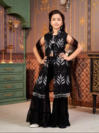 Aarika Girls Ethnic Wear Black Colour Sequin Thread Embroidery Georgette Kurti Sharara Set With Shrug (4-15 Years)