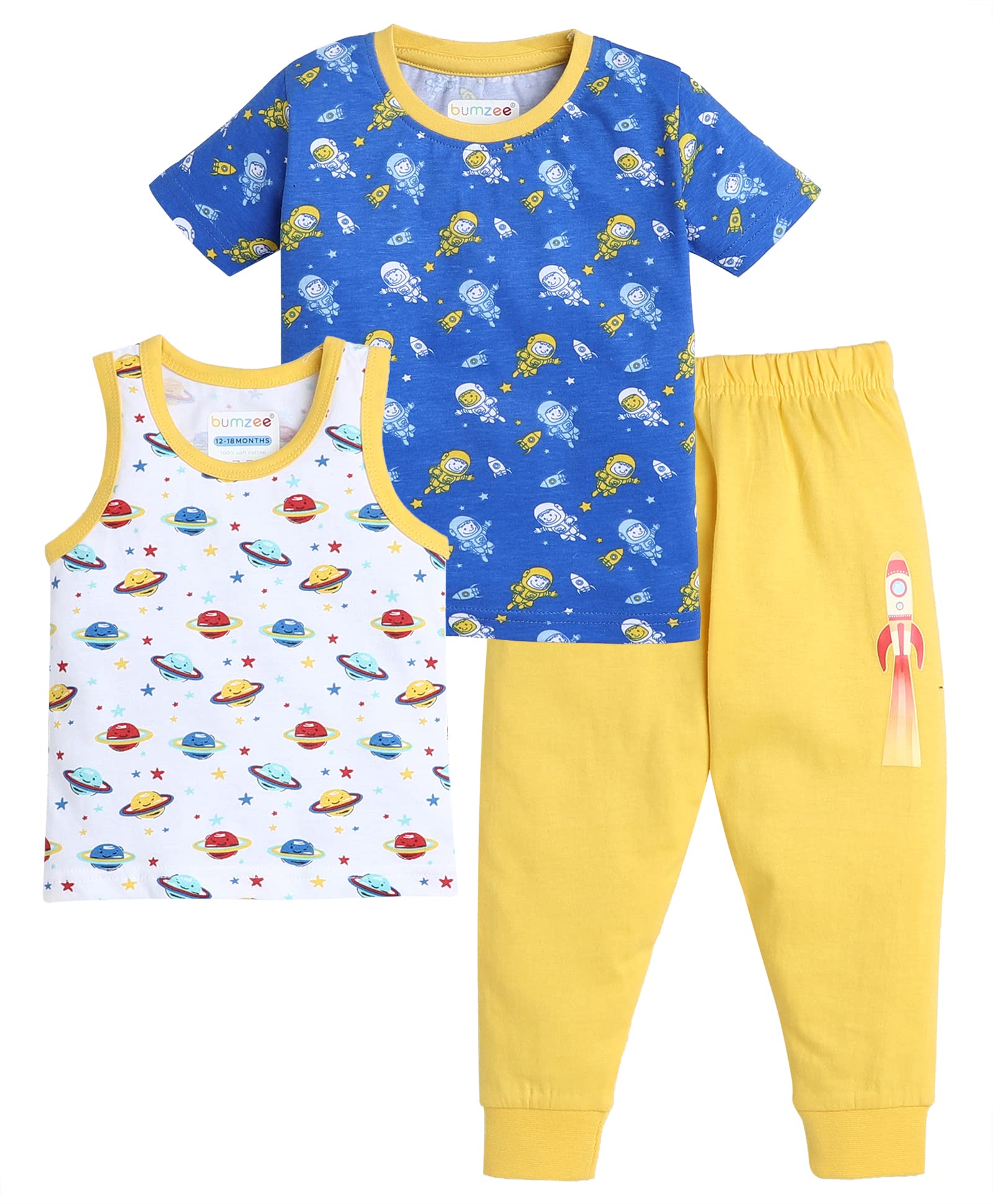 BUMZEE Blue & White Boys Half Sleeves T-Shirt Pyjama Combo Set Pack of 3 Age - 6-12 Months (Peb8005C-blu.wht)