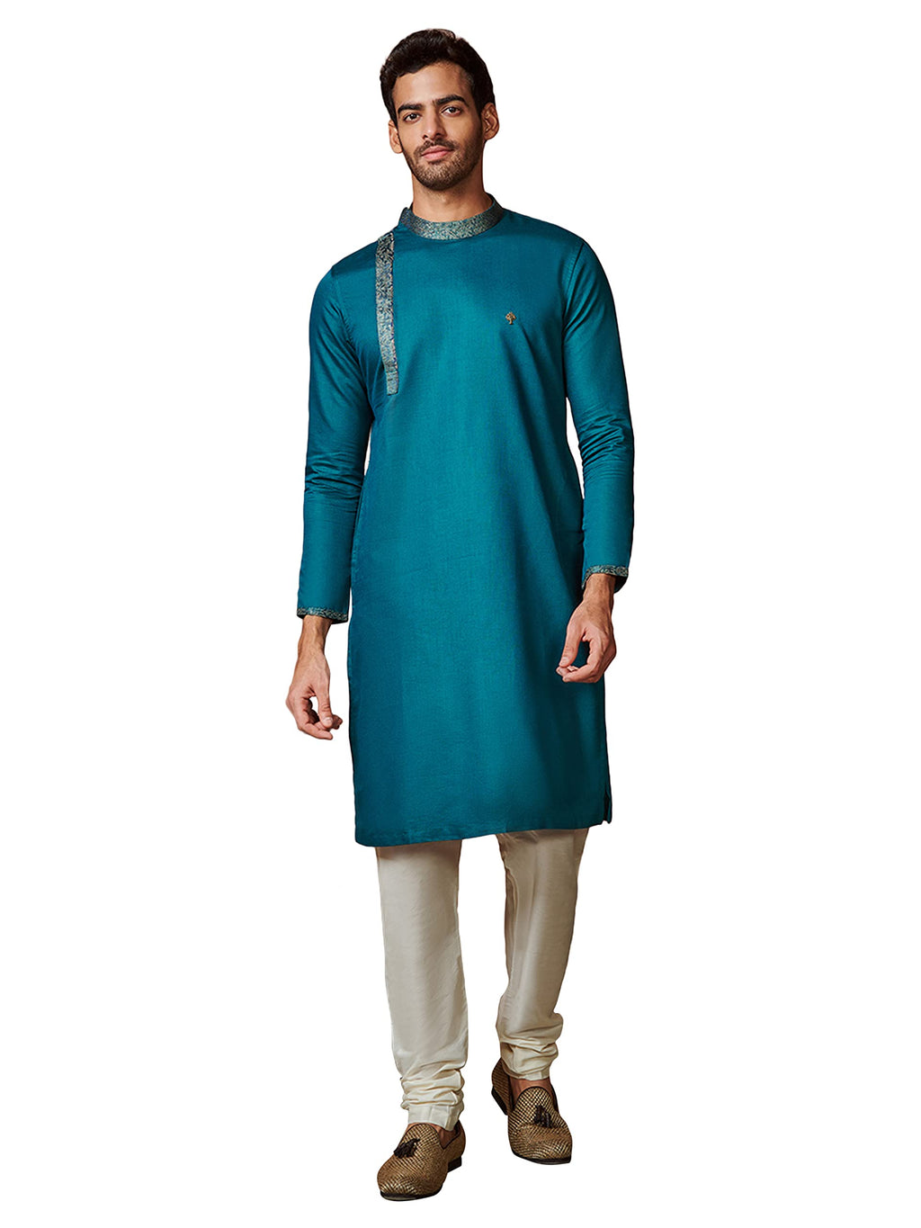 Manyavar MenS Kurta, Full Sleeves Mandarin Collared Ethnic Knee-Length Kurta, Blended Cotton Kurta For Festival, Wedding, Party