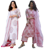 ANNI DESIGNER Womens Cotton Blend Printed Straight Kurta with Pant & Dupatta Pack of 2 (Combo-Cup-Off White-CHHAPA-Pink_M_Multi