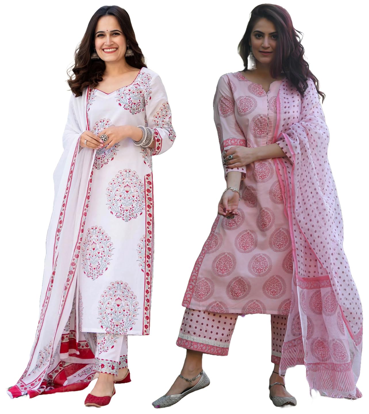 ANNI DESIGNER Womens Cotton Blend Printed Straight Kurta with Pant & Dupatta Pack of 2 (Combo-Cup-Off White-CHHAPA-Pink_M_Multi