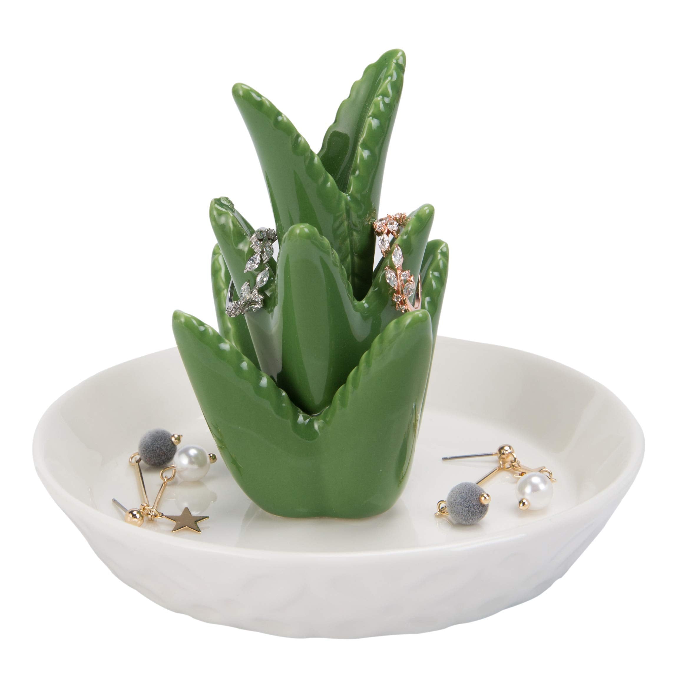 HOME SMILE Ceramic Aloe Ring Holder with Derorative White Dish Dish for Jewelry,Christmas Birthday Gifts