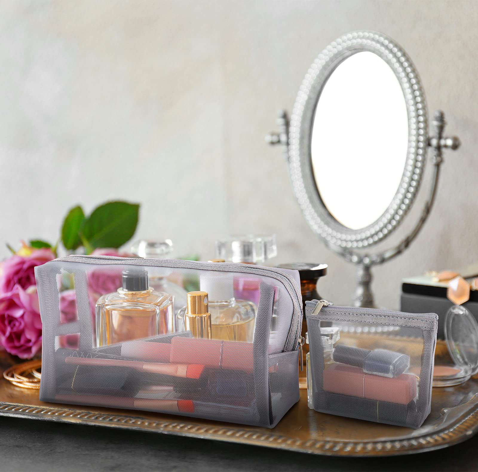 Boao 3 Pieces Mesh Cosmetic Bag Mesh Makeup Bags Mesh Zipper Pouch for Offices Travel Accessories, 3 Sizes (Grey)