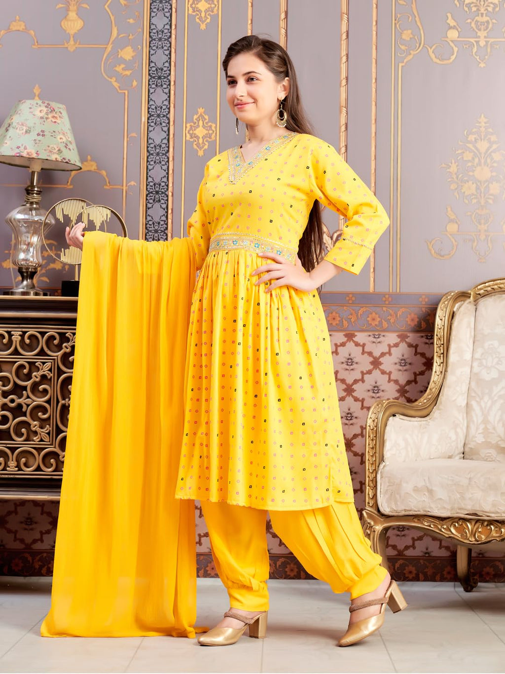 Aarika Girls Ethnic Wear Yellow Colour Foil Print Embroidery Rayon Kurti-8-15 Years (Kurti-Tr-K-1023)