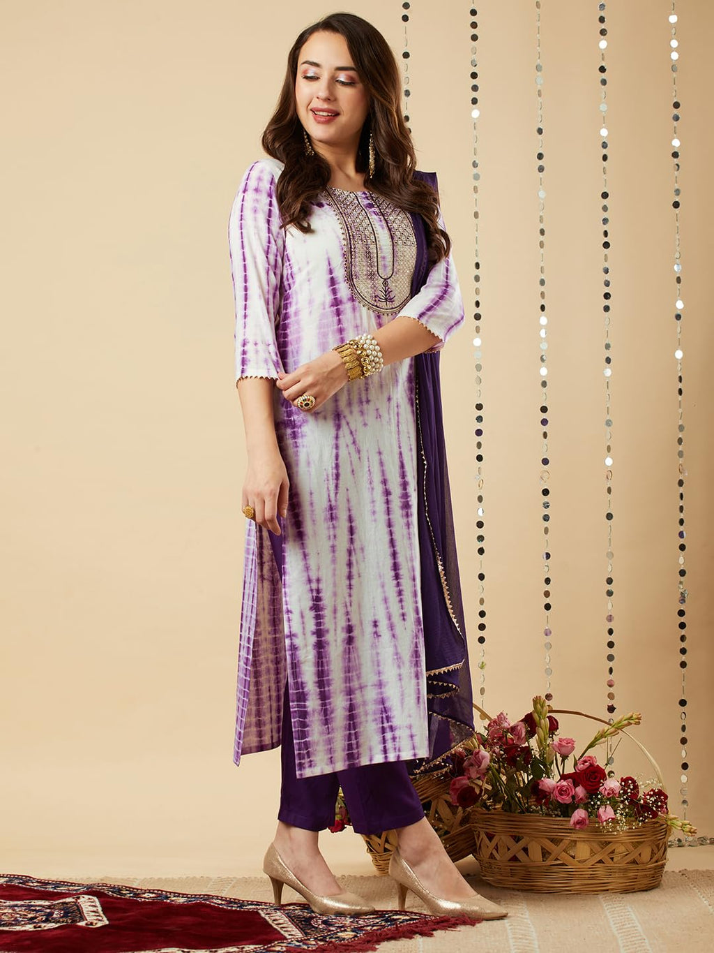 ANNI DESIGNER Women s Rayon Viscose Print Straight Kurta with Pants & Dupatta, purple, 46