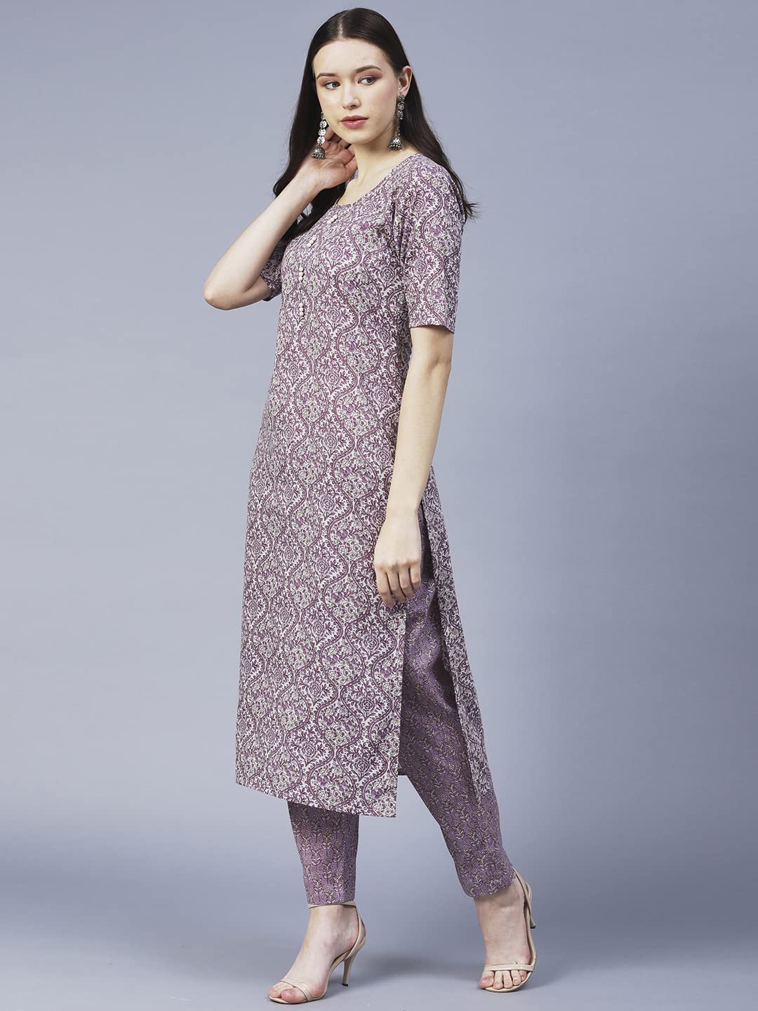 ANNI DESIGNER Womens Cotton Blend Printed Straight Kurta with Pant (BATAKLI-Purple_XL_Purple_X-Large)