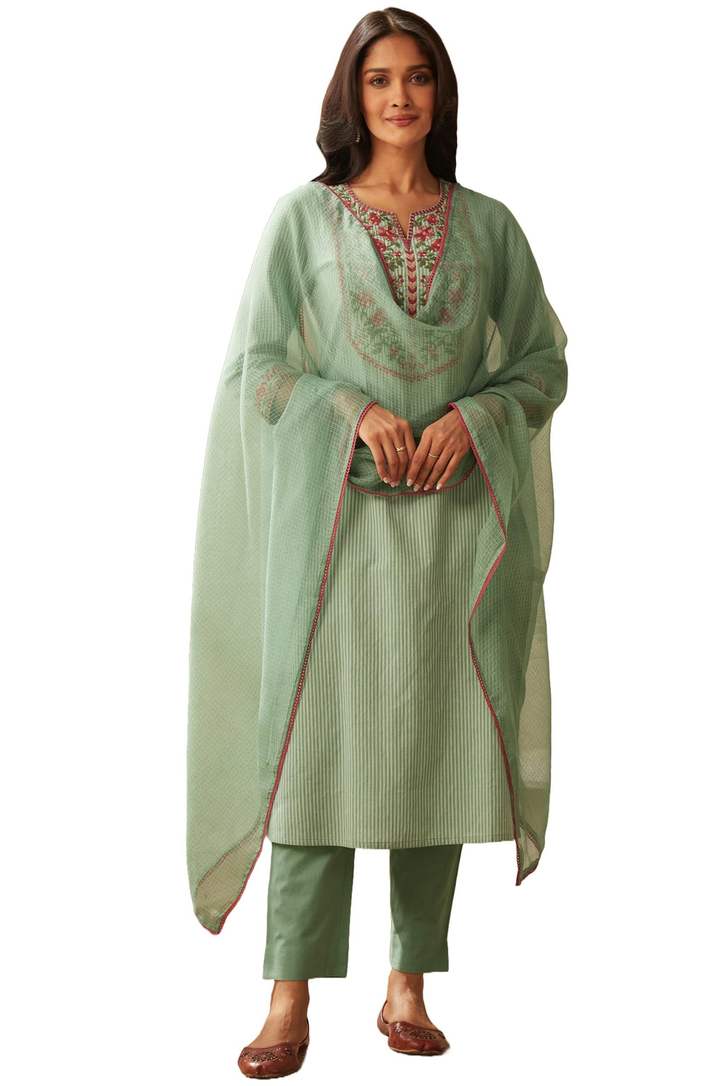 ANNI DESIGNER Womens Cotton Blend Embroidered Straight Kurta with Pant & Dupatta (FARIGUP-Green_XXL_Green_XX-Large)