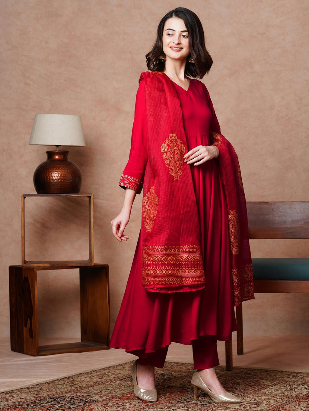 ANNI DESIGNER Women s Cotton Blend Kurta Set, Red, Small