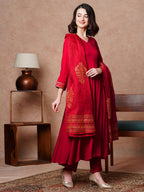 ANNI DESIGNER Women s Cotton Blend Kurta Set, Red, Small