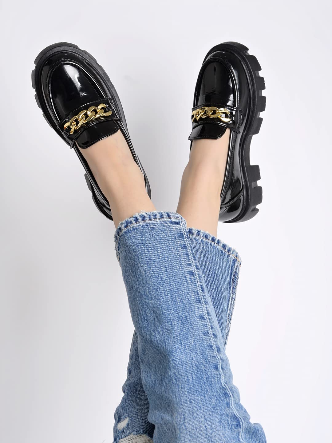Shoetopia Smart Casual Chain Detailed Black Loafers for Women & Girls