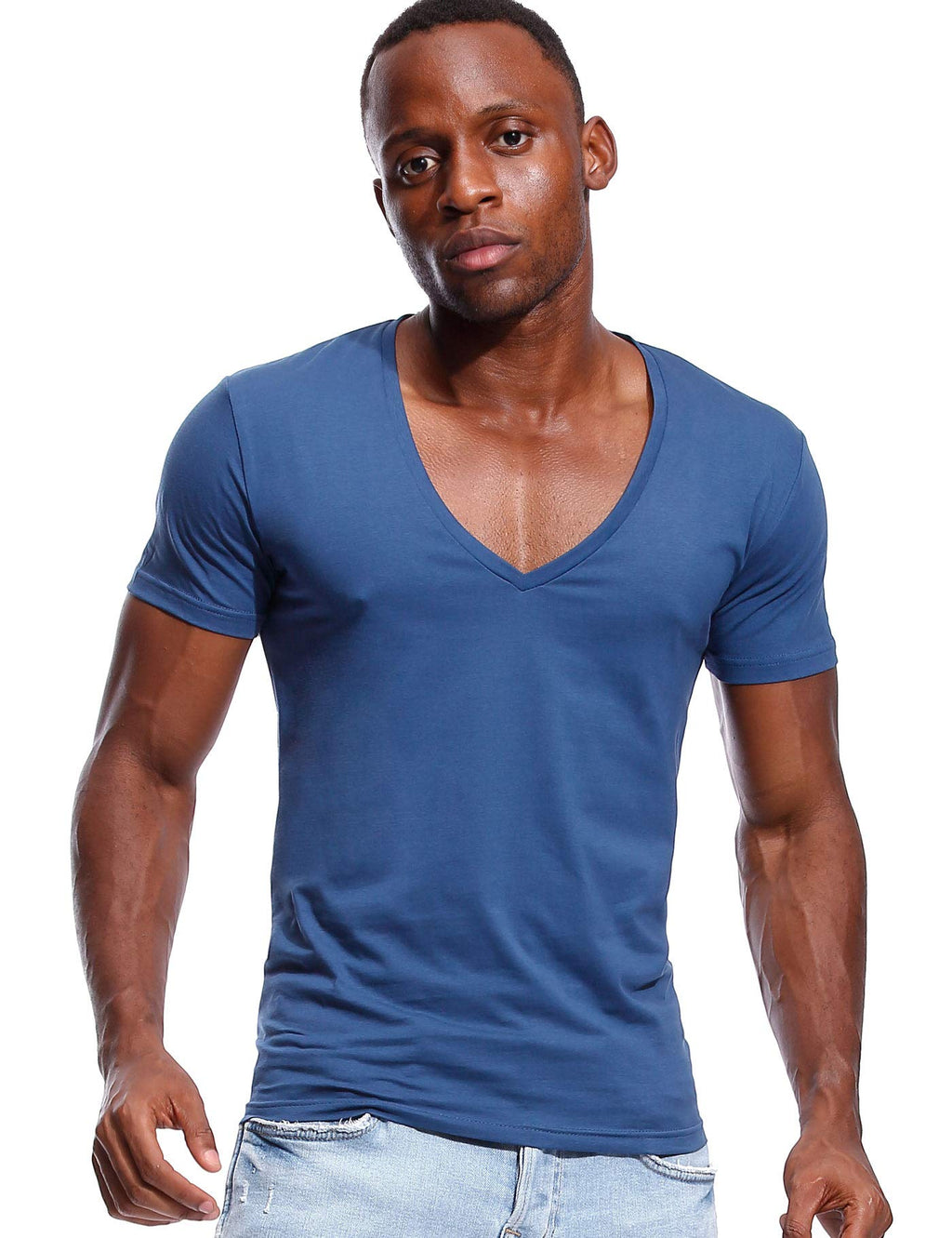 Deep V Neck T Shirt for Men Low Cut Vneck Tee Invisible Tshirt Vee Top Blue XL