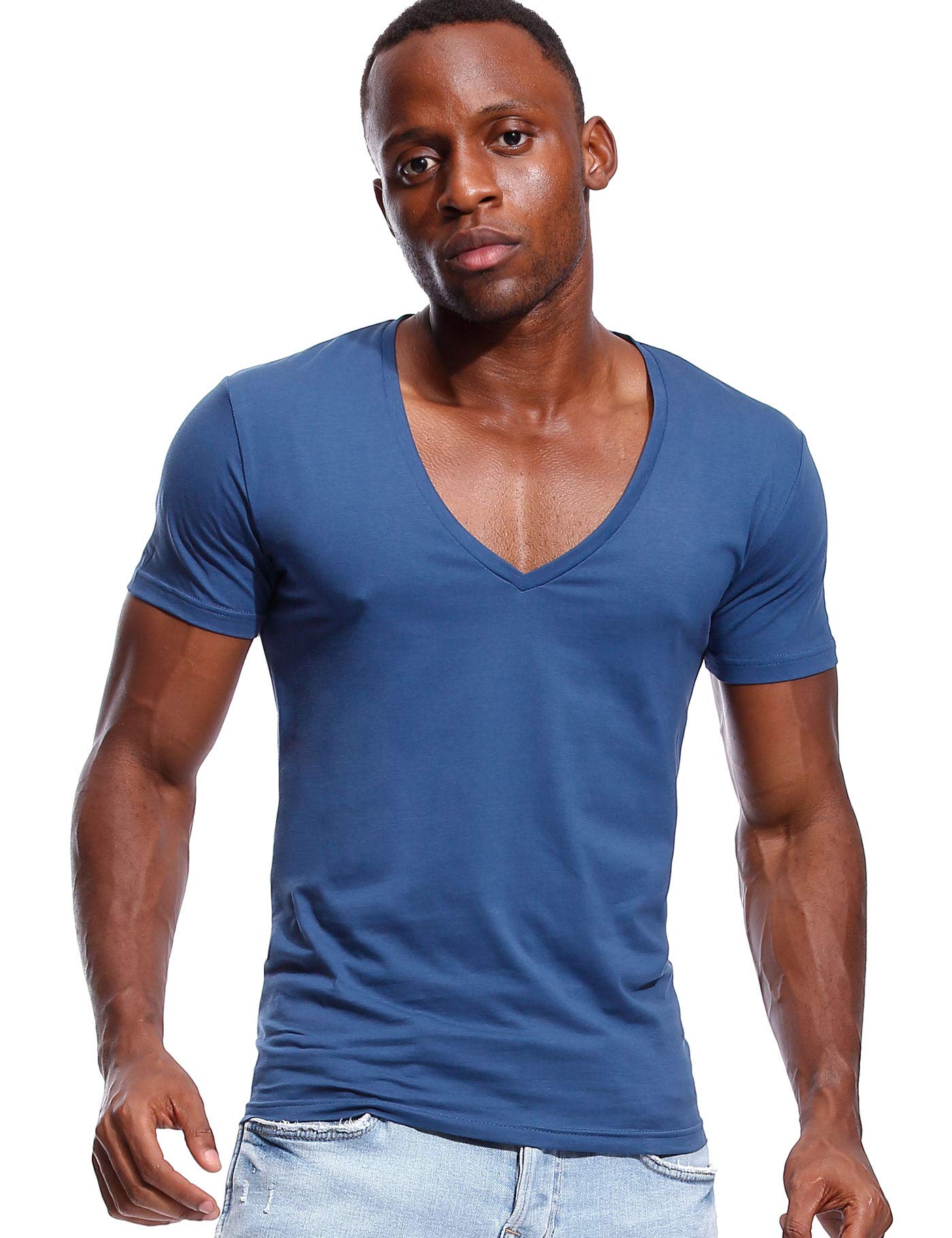Deep V Neck T Shirt for Men Low Cut Vneck Tee Invisible Tshirt Vee Top Blue L