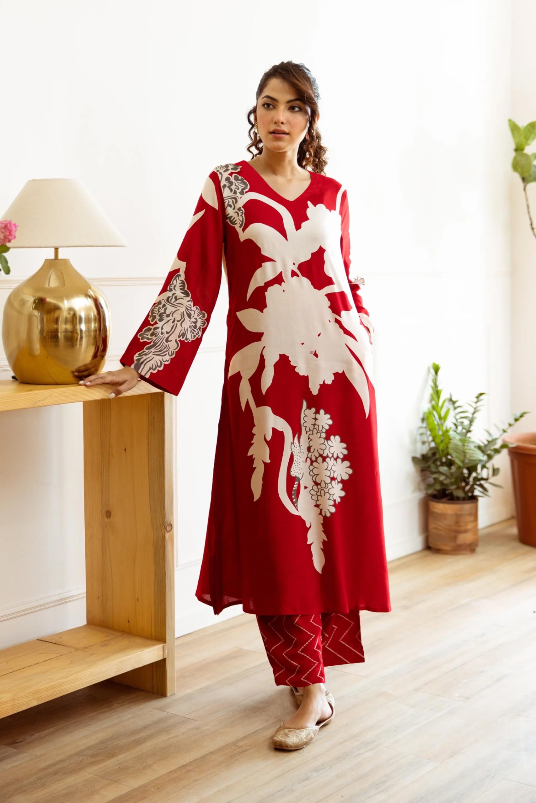 ANNI DESIGNER Womens Rayon Viscose Straight Printed Kurta with Palazzo (Cukari Red-VKS02_XXL_Red_XX-Large)