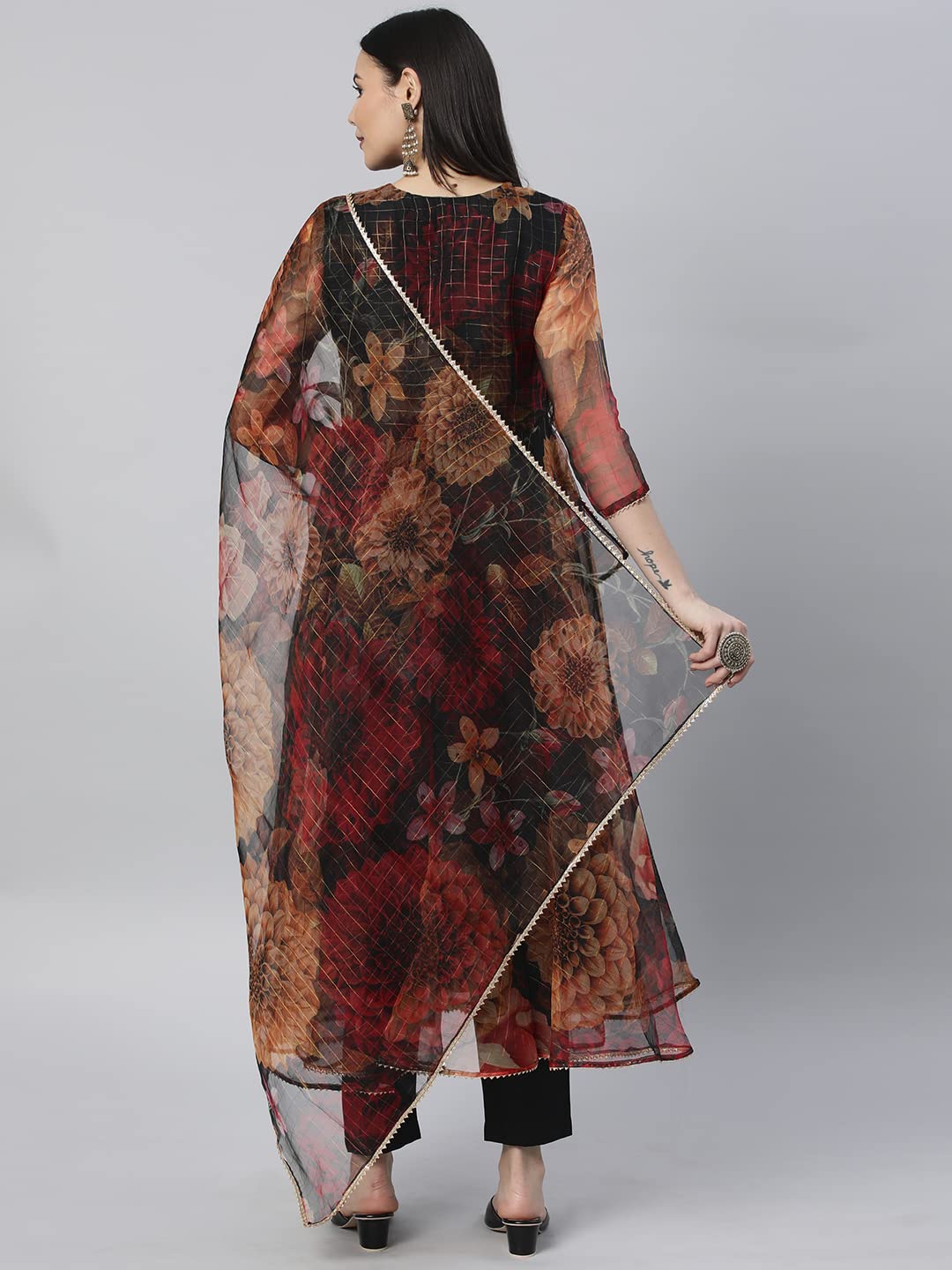 ANNI DESIGNER Womens Georgette Anarkali Floral Printed Kurta with Pant & Dupatta (MRP-Black_M_Black_Medium)