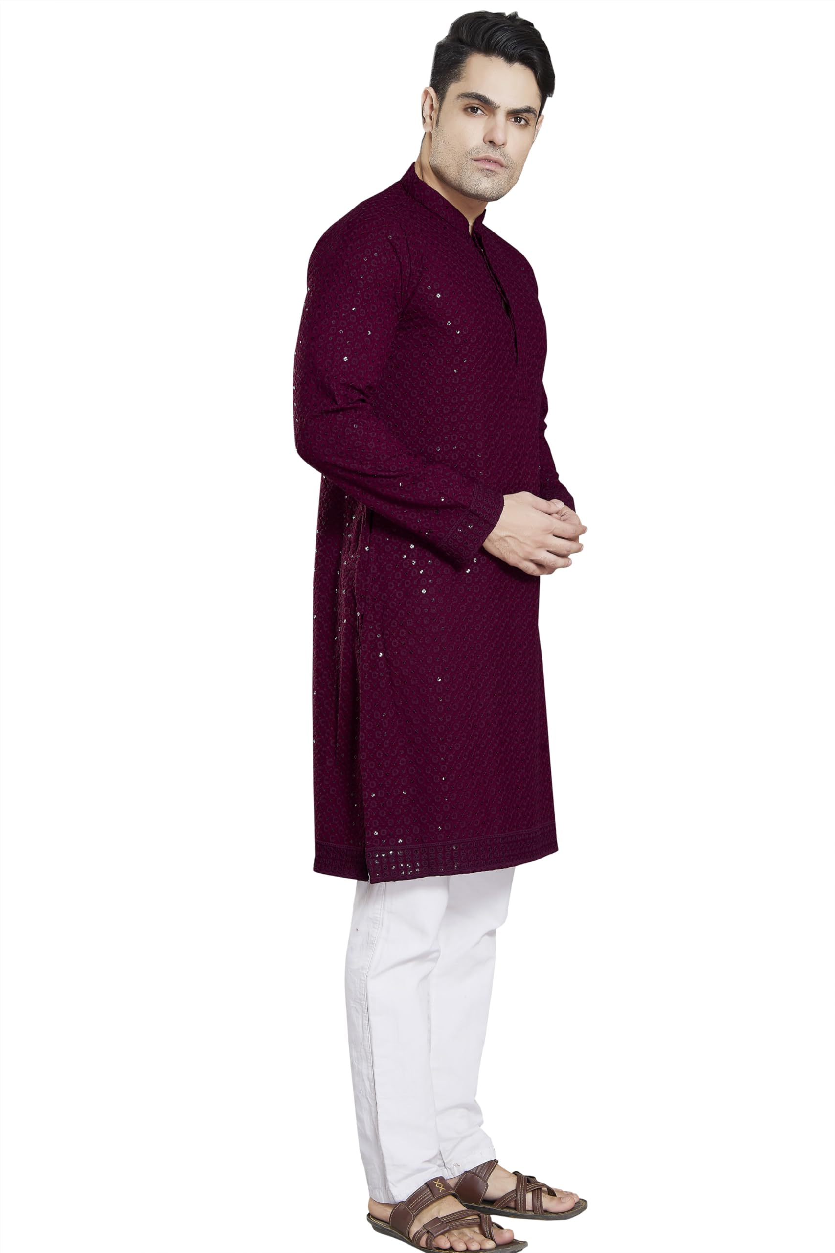 DIVISIVE Mens Sequince Embroidered Cotton Blend Only Slim Fit Kurta (DKRT14_L_Burgundy)