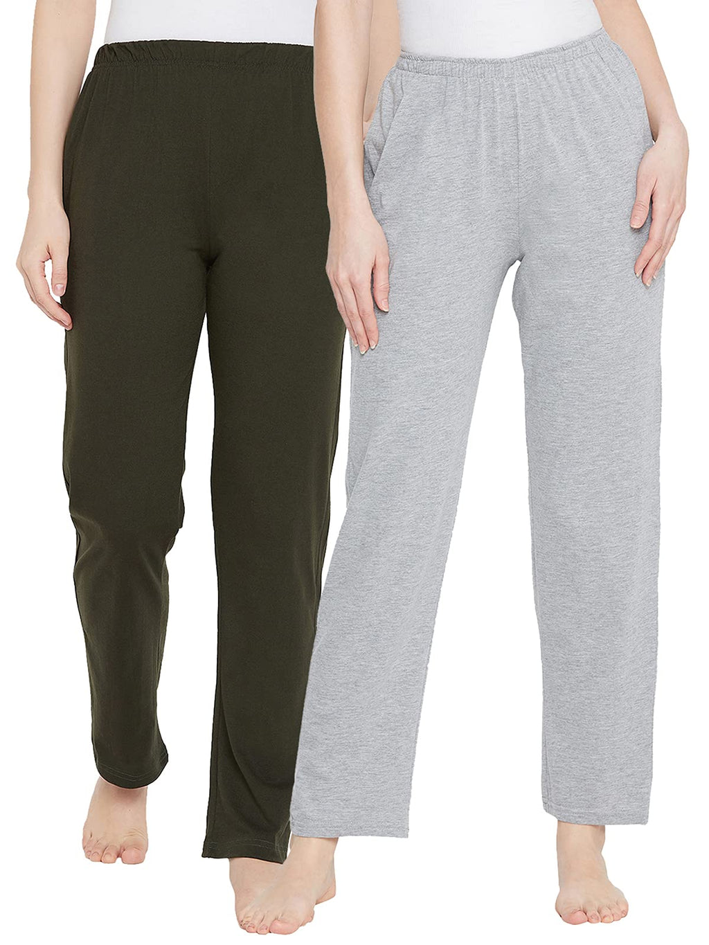 Clovia Womens Cotton Pack of 2 Pyjama with Elastic Waistband (COMBLB777_Green & Grey_XL)