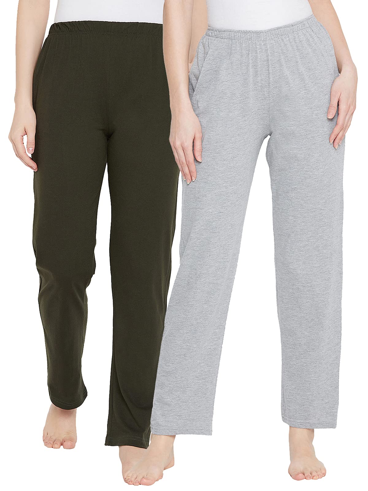 Clovia Womens Cotton Pack of 2 Pyjama with Elastic Waistband (COMBLB777_Green & Grey_XL)