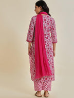 Varanga Women Fuchsia Floral Printed V-Neck Full Sleeves Anarkali Kurta With Tonal Bottom And Dupatta  Elegant Ethnic Set