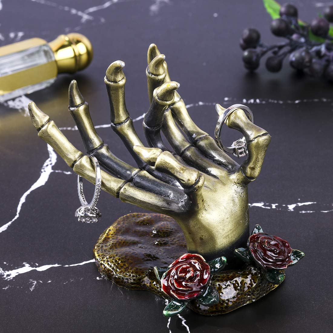 YU FENG Gothic Rose Skeleton Hand Jewelry Holder for Halloween Decor Rings Necklaces and Jewellery Accessories Hand Form Display