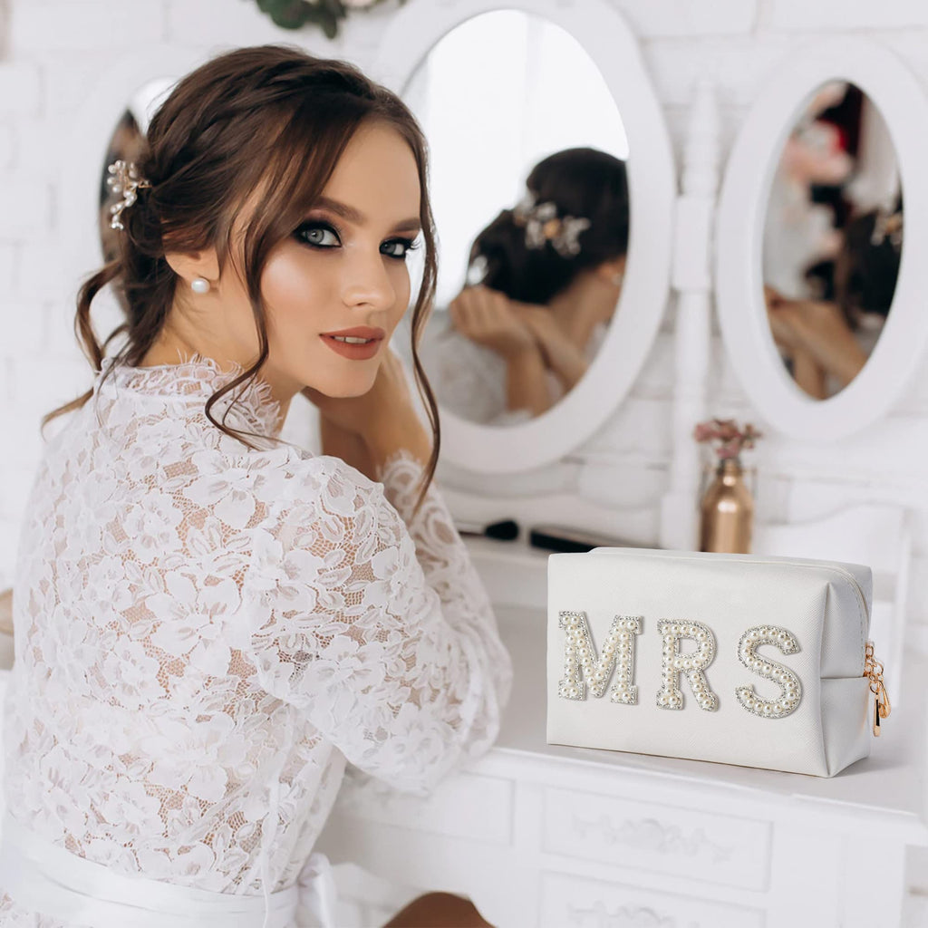 Y1tvei Mrs Cosmetic Large Bag - White Patch Varsity Letter MRS Toiletry Big Bag Pearl Rhinestone Letter Patches Big Makeup PU Ba