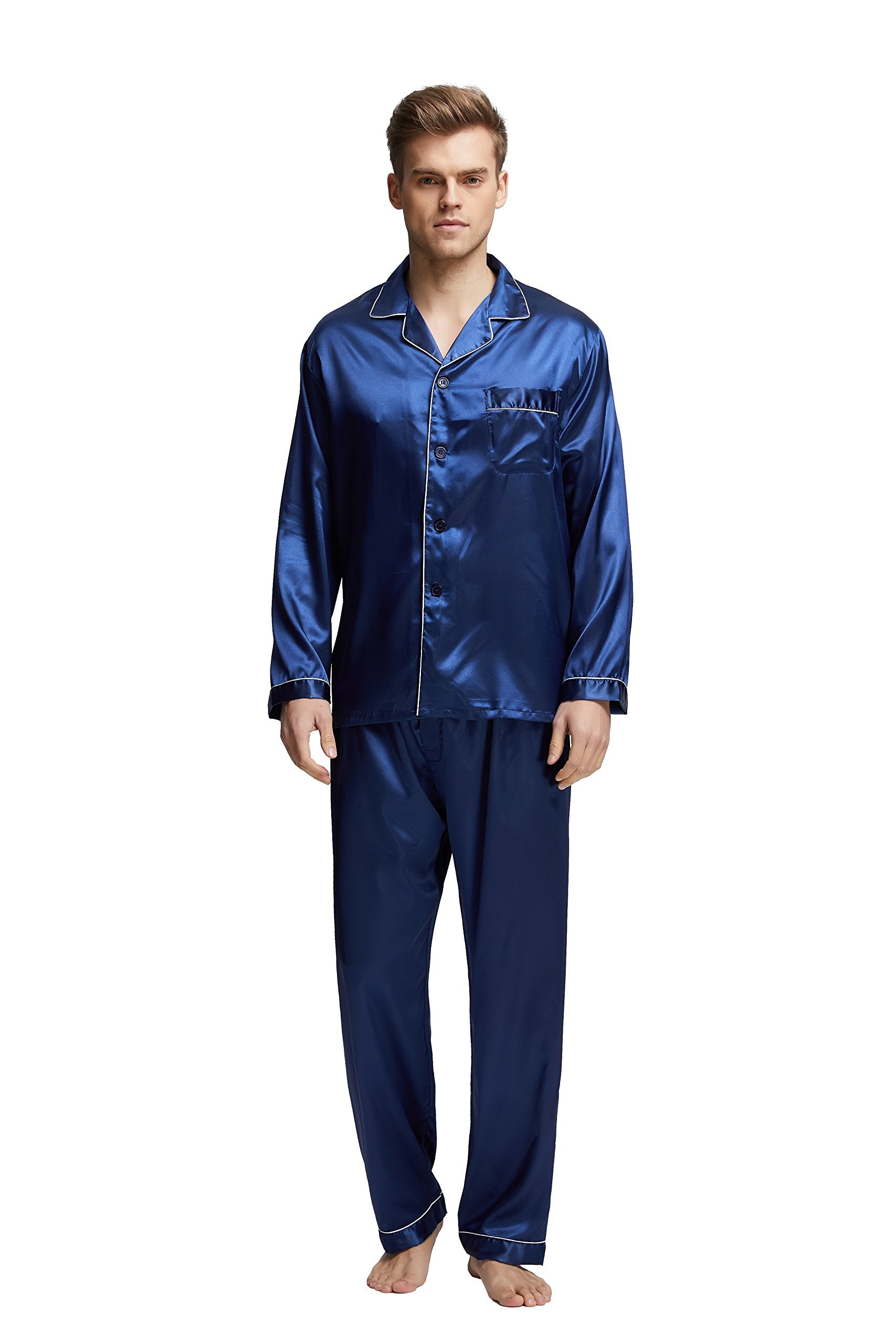 Tony & Candice Men's Classic Satin Pajama Set Sleepwear (Large, Blue with White Piping)