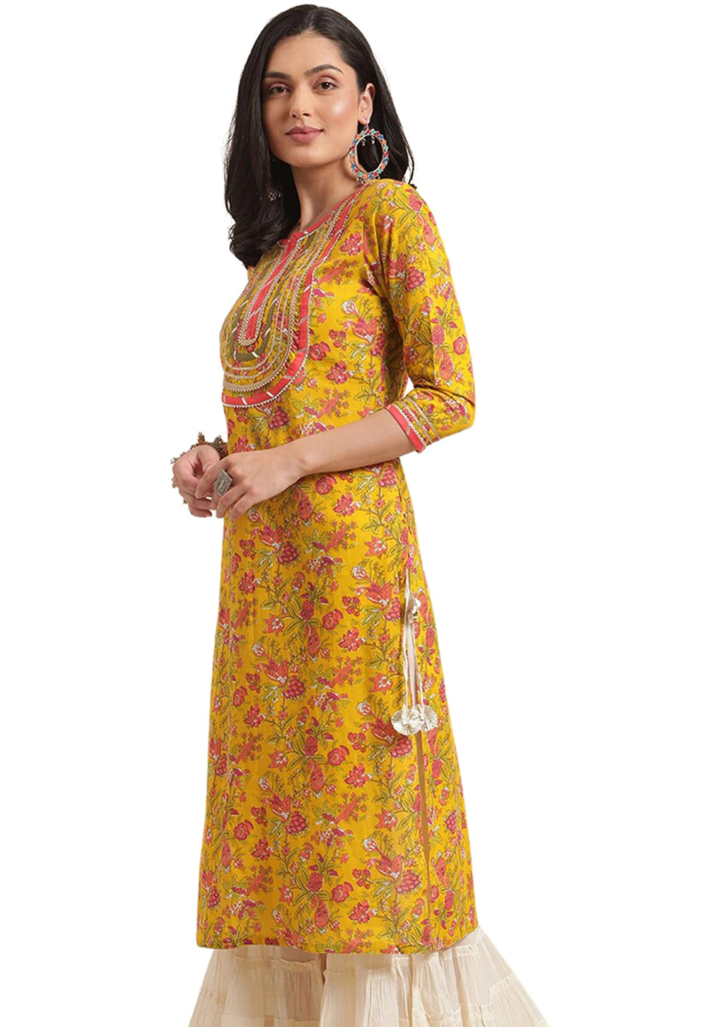 Rytras Women'S Cotton Printed Straight Kurti (Large) Yellow