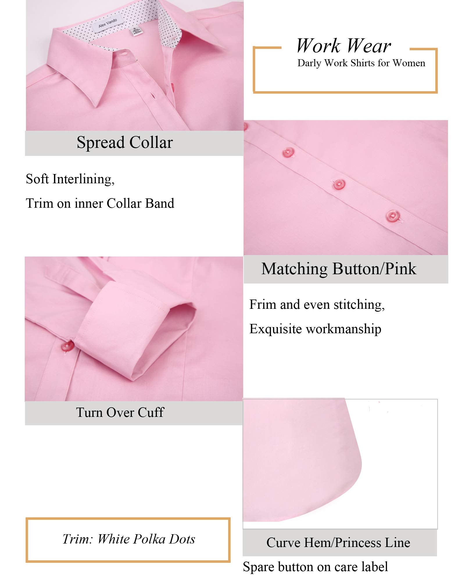 Alex Vando Womens Dress Shirts Regular Fit Long Sleeve Stretch Work Shirt,Pink,S