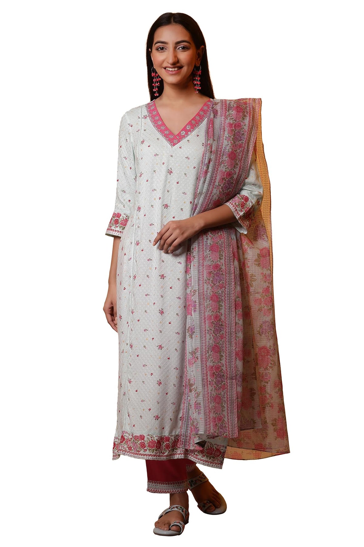 Aurelia Blue Zari Embroidered Kurta, Pants And Kota Dupatta Set (Size: Xl)-24Feas15050-507863